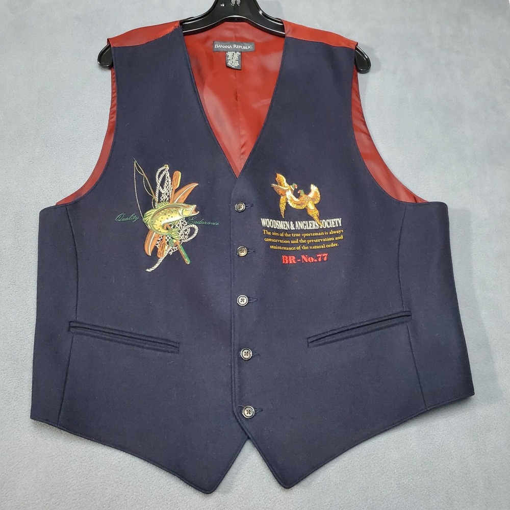 Banana Republic Vest Mens XL Black Red Woodsmen & Anglers Society Wool Blend